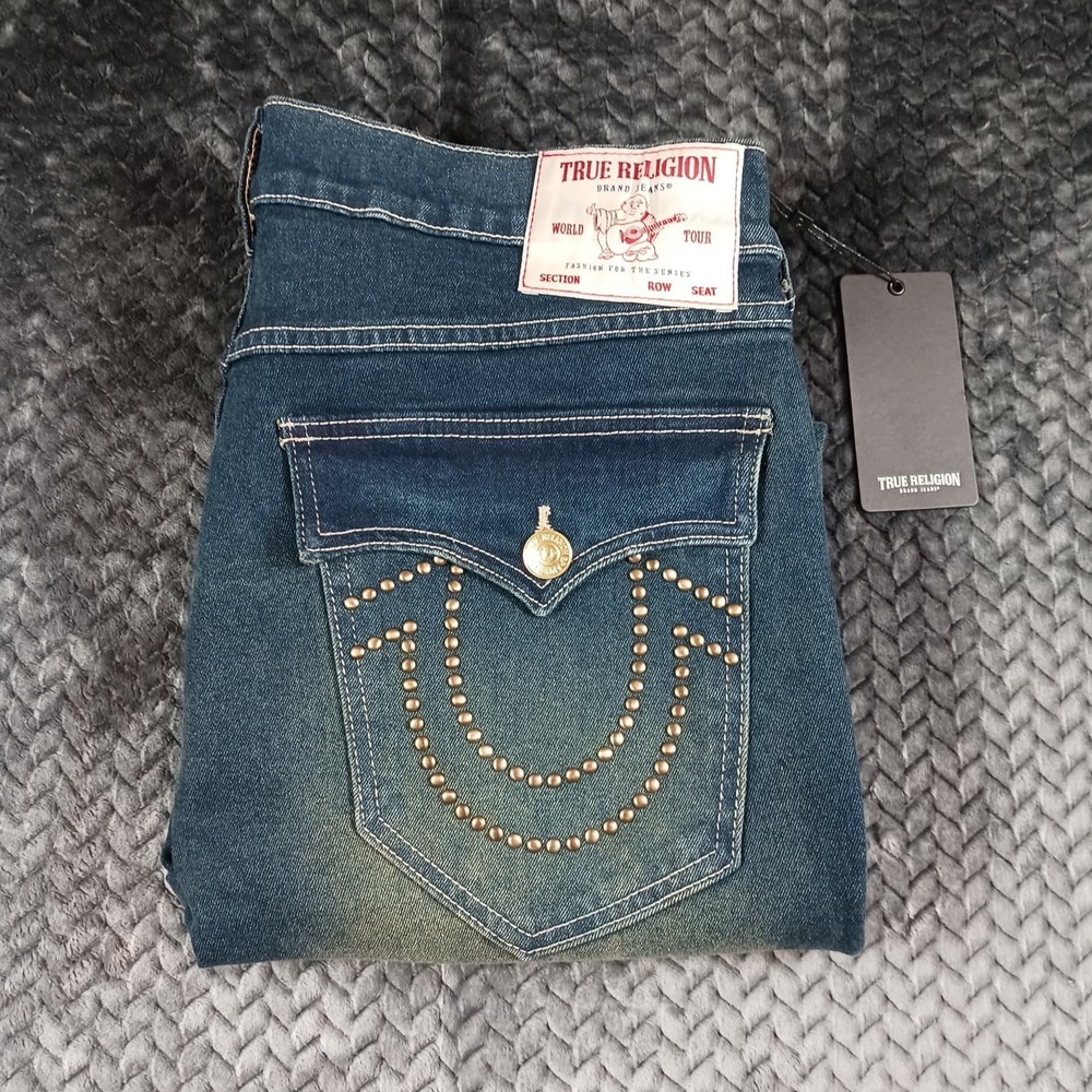 True Religion Geno Slim Jeans Men's Medium Amber Nights Wash Studded Flap 33x32